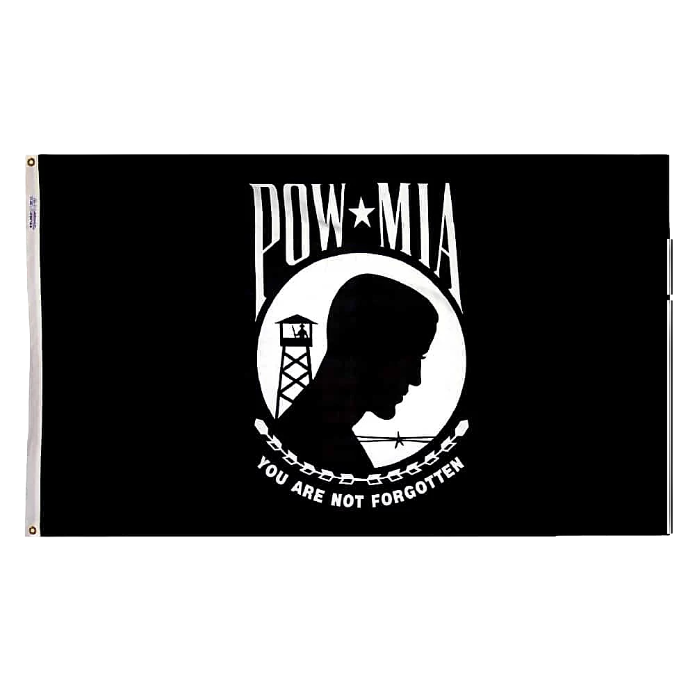 POW-MIA Single-Sided Flag - Grommets 19 POW-MIA flag in nylon with brass grommets on an outdoor pole