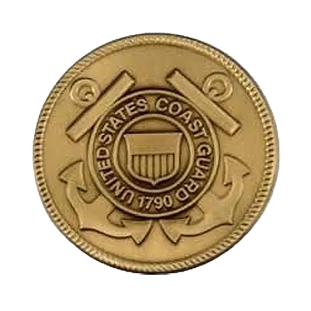 Coast Guard Challenge Coin 36 2.5" solid brass Coast Guard Challenge Coin with raised emblem, polished finish for plaques, shadow boxes, and memorial displays.