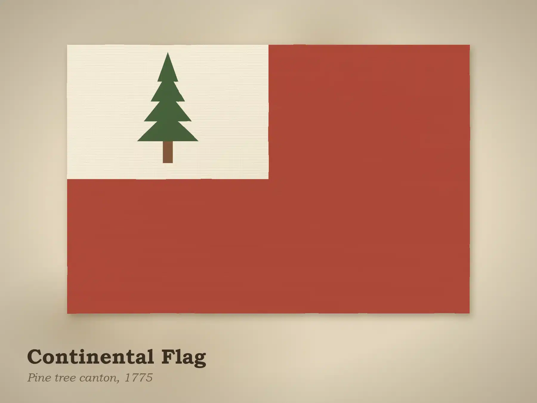 10 Historical Flags of the United States 5 Illustration of the Continental Flag, a red field with a white canton bearing a green pine tree