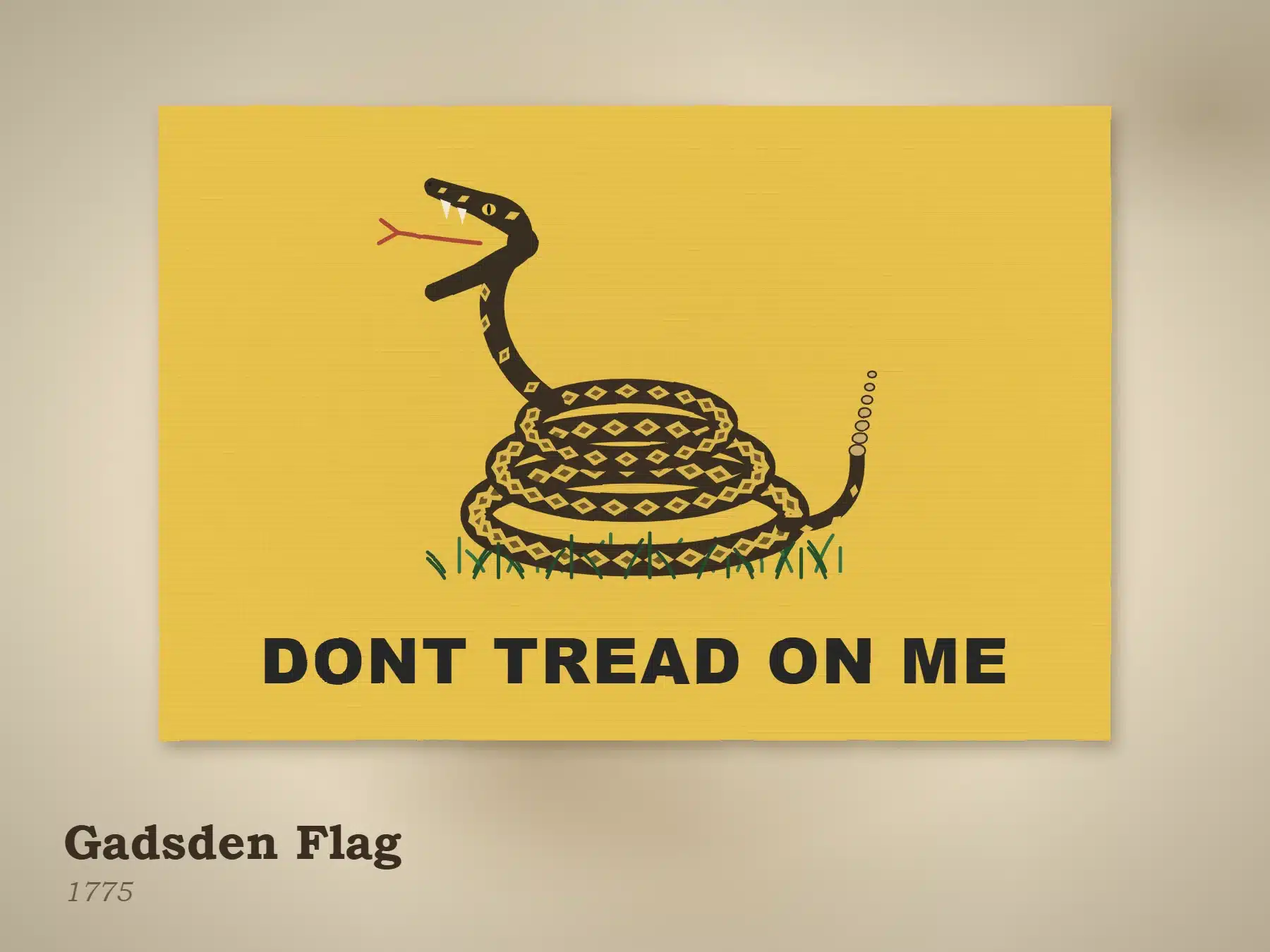 10 Historical Flags of the United States 6 Illustration of the Gadsden flag, a coiled rattlesnake on yellow with the words Dont Tread On Me