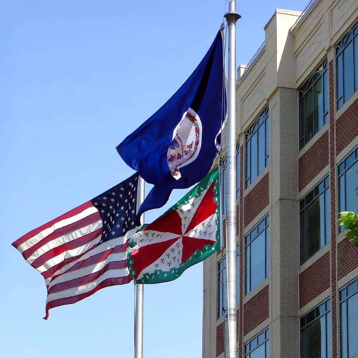 Loudoun County, VA Flag The American flag at the peak of a single flagpole with a state flag flying below it on the same halyard