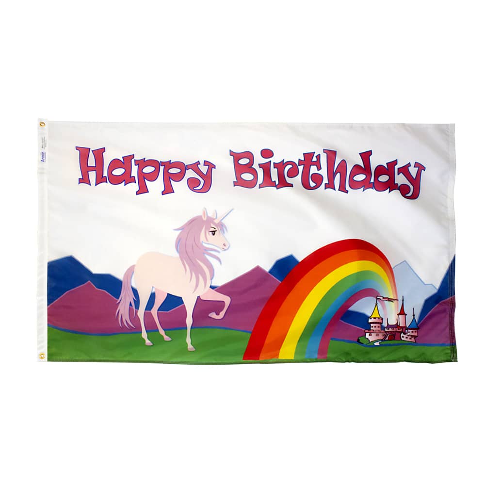 Happy Birthday Unicorn Flag - Grommets 2 Happy Birthday Unicorn Flag Grommets Finish