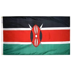 Printed Kenya Flag Grommets • Flag material: UV resistant 200 denier nylon • Header Material: Poly/Cotton Duck • Rolled Brass Grommets • Made in the USA
