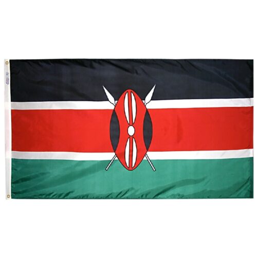 Printed Kenya Flag Grommets • Flag material: UV resistant 200 denier nylon • Header Material: Poly/Cotton Duck • Rolled Brass Grommets • Made in the USA