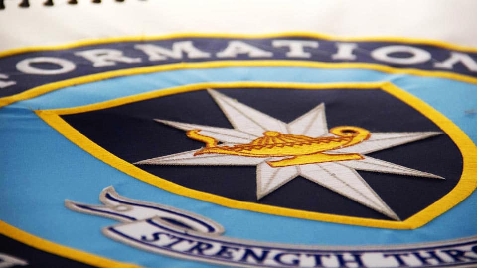 Close-up of an appliquéd star and embroidered lettering on a sewn flag