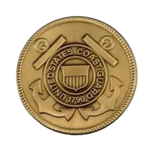2.5" solid brass Coast Guard Challenge Coin with raised emblem, polished finish for plaques, shadow boxes, and memorial displays.