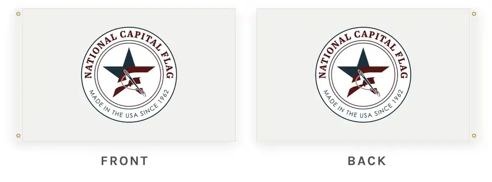 Double-sided flag illustration. The National Capital Flag seal reads correctly on both the flag marked Front and the flag marked Back.
