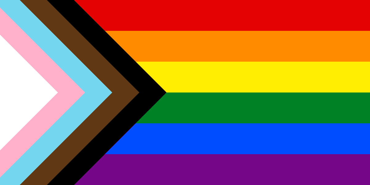 Flags for Every Occasion 47 Progress Pride flag: six rainbow stripes with a chevron of white, pink, light blue, brown, and black at the hoist