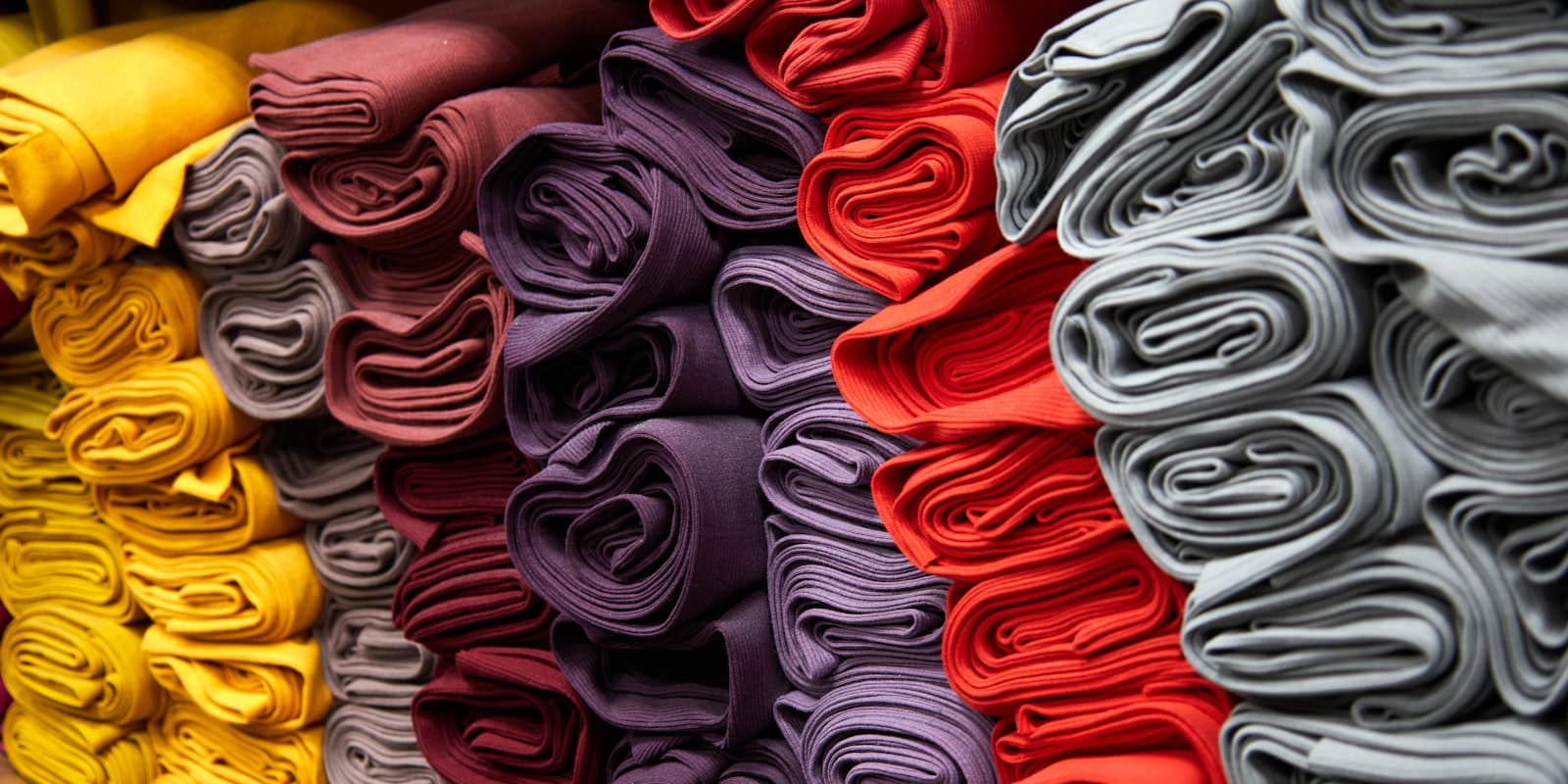 Bolts of folded fabric in yellow, taupe, burgundy, plum, red and grey stacked in rows