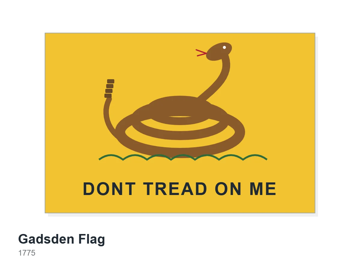 Illustration of the Gadsden flag, a coiled rattlesnake on yellow with the words Dont Tread On Me