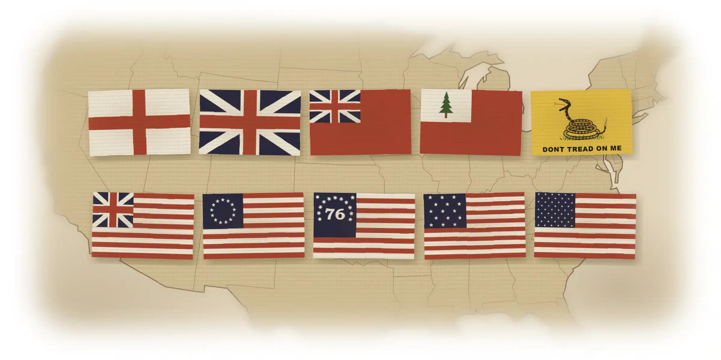 Ten historical American flags arranged over an aged sepia map of the United States, fading to white at every edge