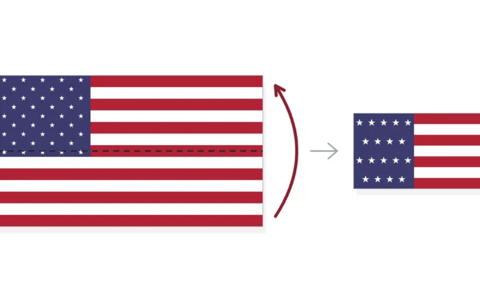 Diagram of the first fold of the American flag: the full flag with a dashed fold line and arrow, beside the flag folded in half lengthwise