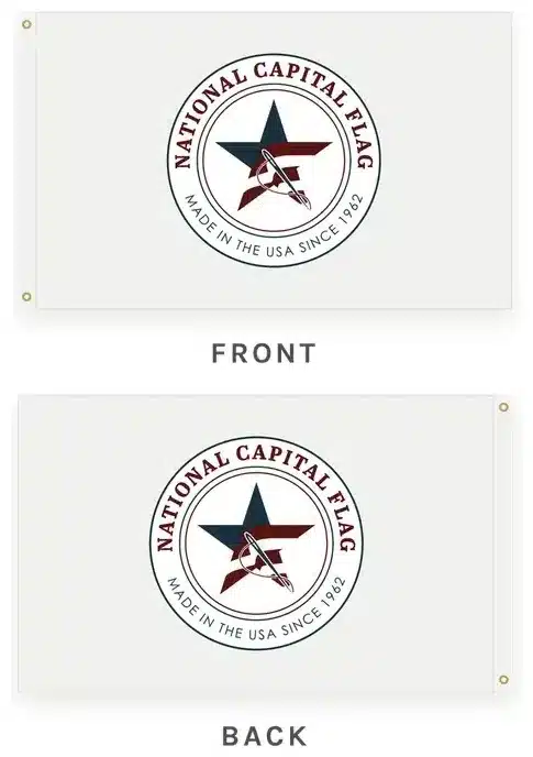 Double-sided flag illustration, front above back: two flags sewn back to back so the design reads correctly on both sides