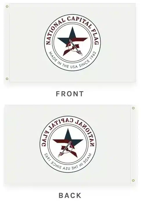 Mirror-sided flag illustration, front above back: two layers sewn together, with the back a mirror image of the front